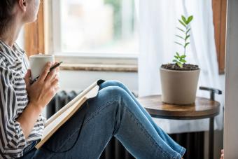 Una giovane donna che scrive sul suo diario vicino a una finestra