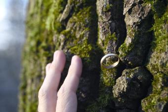 Mano vicino a una fede nuziale su una vecchia corteccia di albero