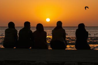 Siluetta della famiglia che si siede sulla spiaggia che guarda il tramonto