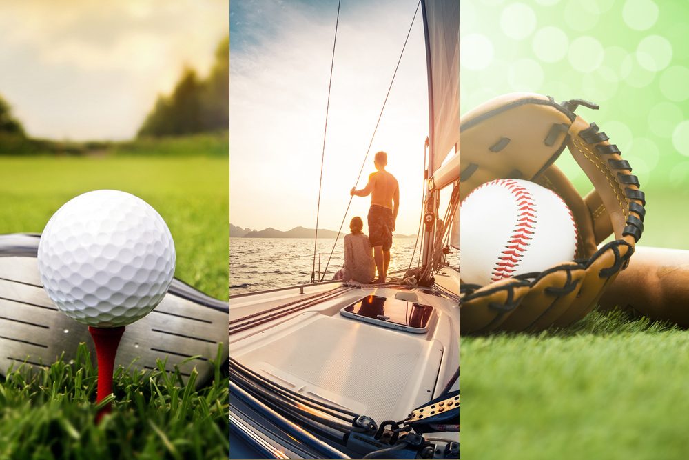 Collage: pallina da golf e mazza, due persone su una barca al tramonto, una palla da baseball e un guantone