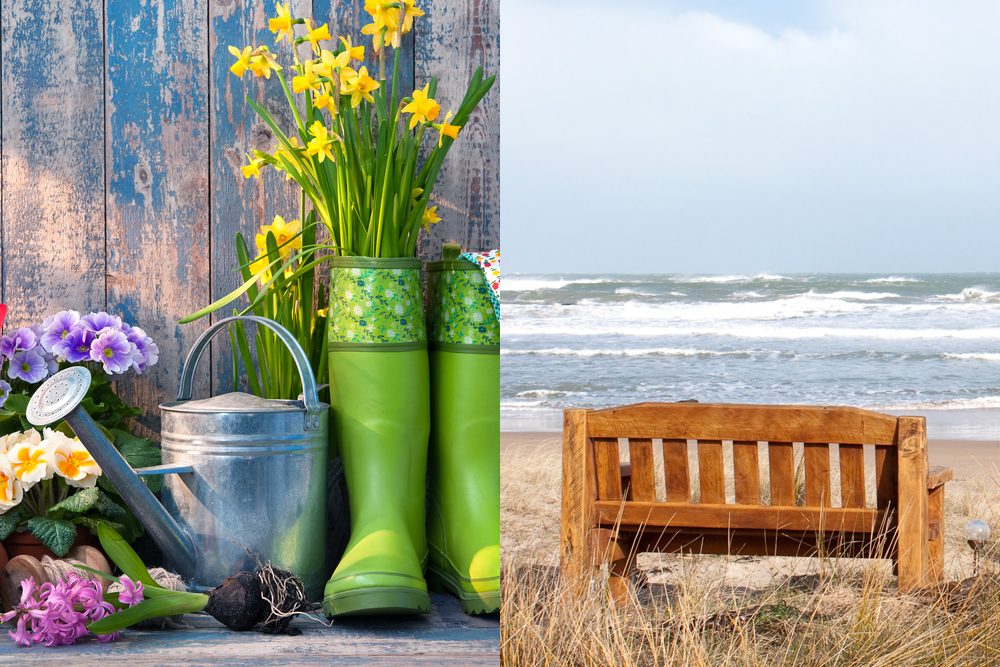 Collage: immagine di stivali e attrezzi da giardinaggio accanto all'immagine di una panchina in spiaggia